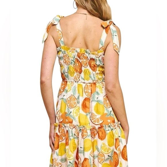 Nwot Pinch smocked mini tiered sun dress lemon & orange print lined size medium - Picture 4 of 14